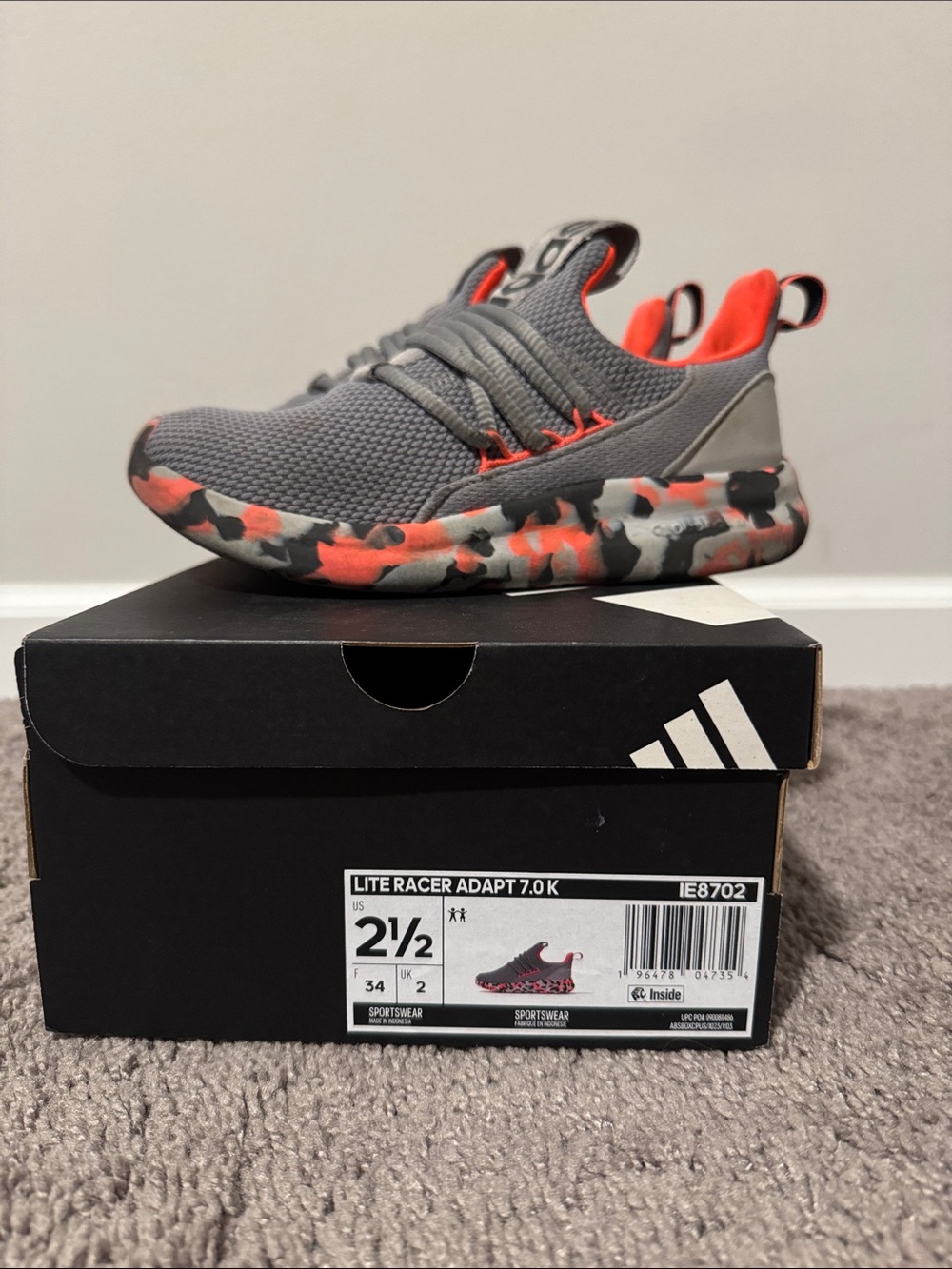 Adidas Lite Racer Adapt Kids Grey and orange Athletic Shoes